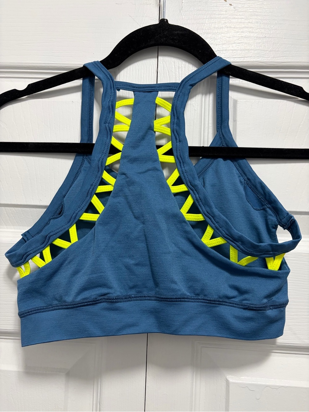 BCBGeneration Blue Racerback Sports Bra with Neon Yellow Trim